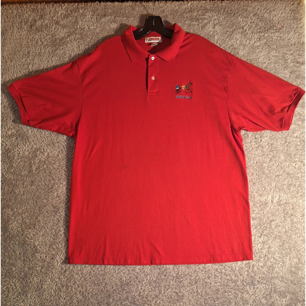 Vintage Jerzees Red Polo Shirt XL Made in USA OHOL Stables Horse Racing Sulky